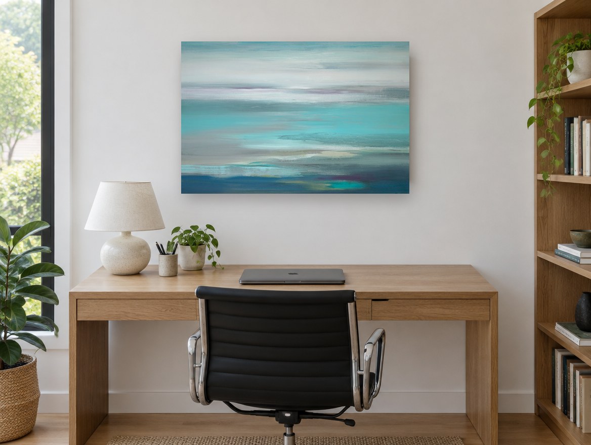 Turquoise Tide Haze coastal canvas print on the wall of a study