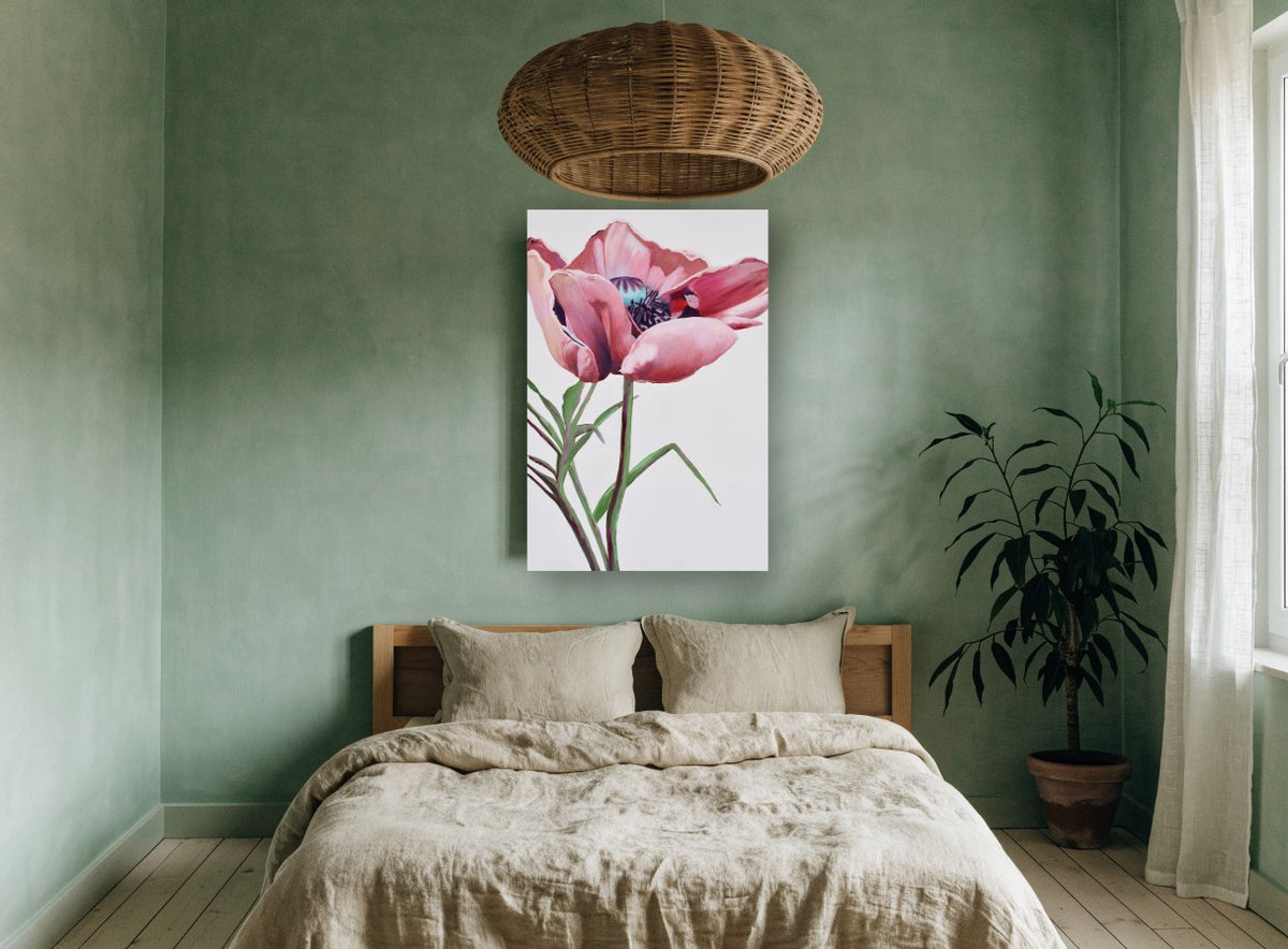 Blushing Poppy Bloom floral canvas print on the wall of a bedroom