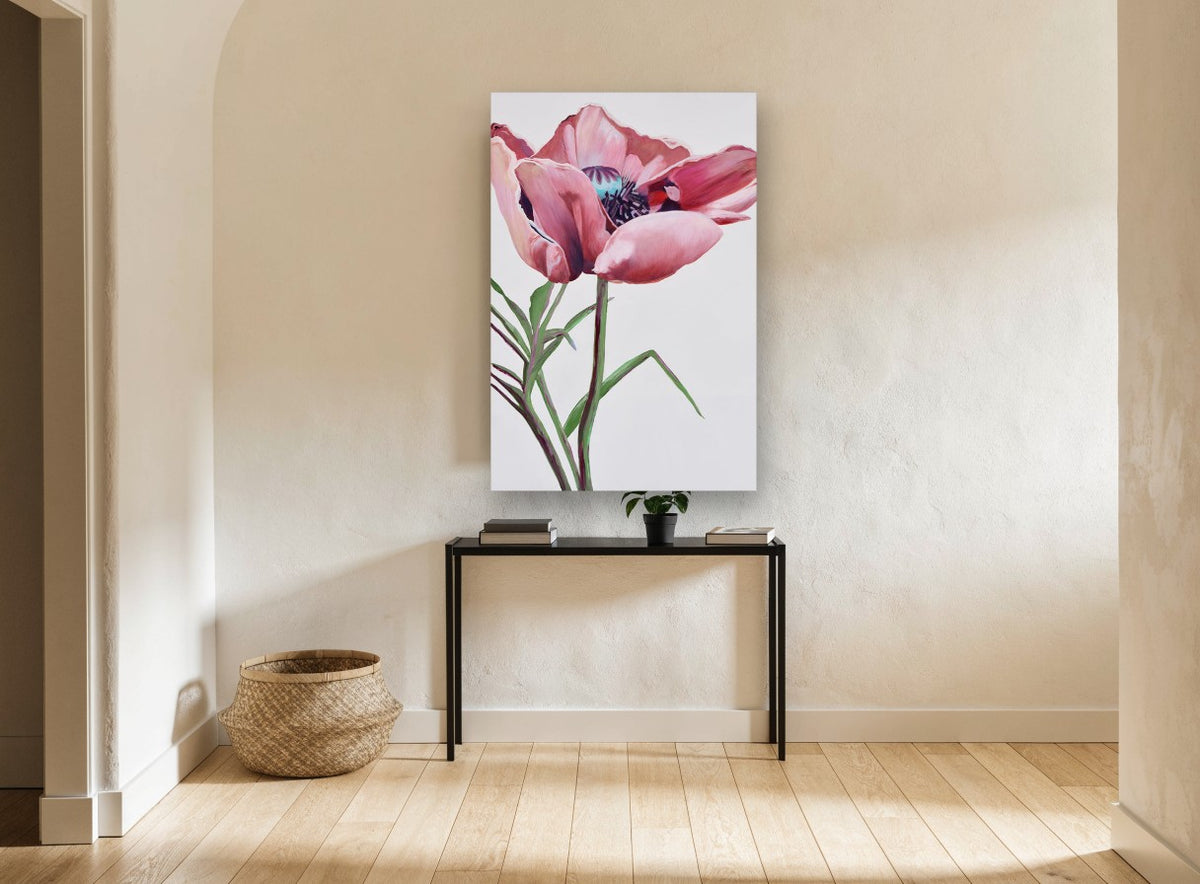 Blushing Poppy Bloom floral canvas print on the wall of a hallway