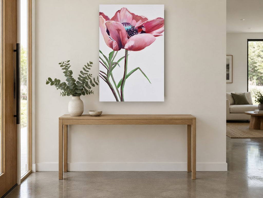 Blushing Poppy Bloom floral canvas print on the wall of a entry hall