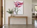 Blushing Poppy Bloom floral canvas print on the wall of a entry hall