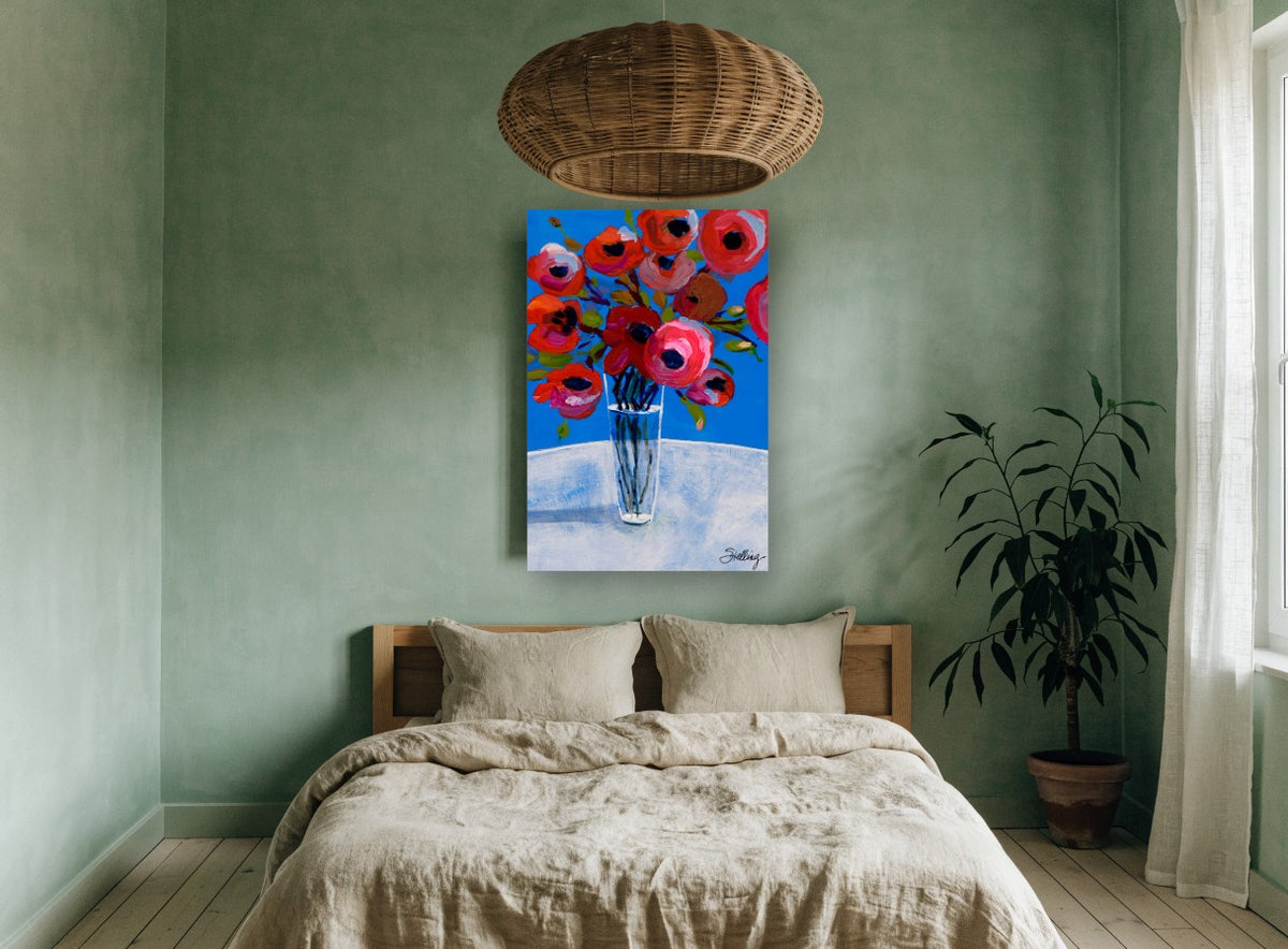 Red Poppies Blue Sky floral canvas print on the wall of a bedroom