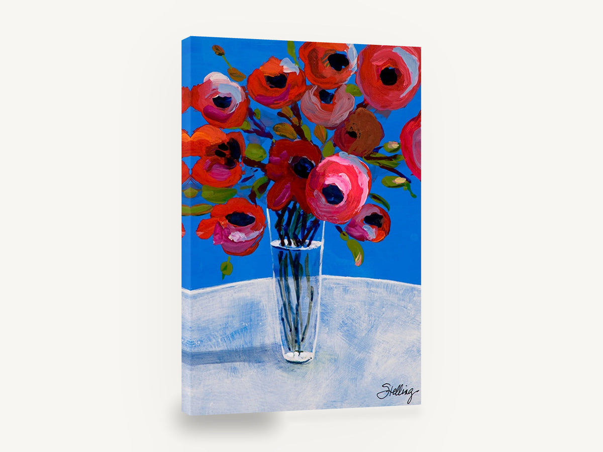 Red Poppies Blue Sky, red poppies in glass vase painting, floral canvas wall art print ready to hang
