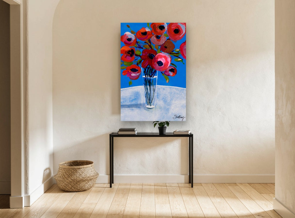 Red Poppies Blue Sky floral canvas print on the wall of a hallway