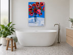 Red Poppies Blue Sky floral canvas print on the wall of a bathroom
