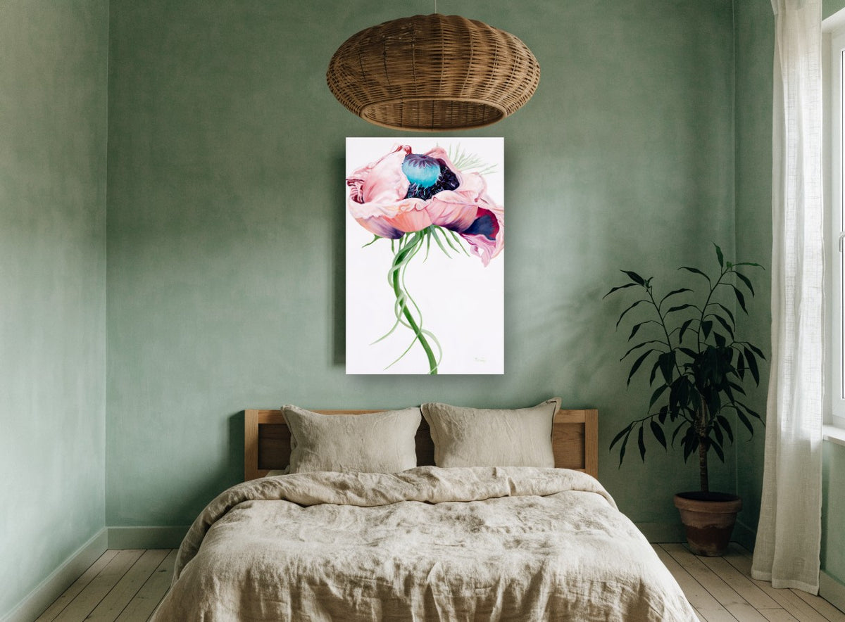 Open Pink Poppy floral canvas print on the wall of a bedroom