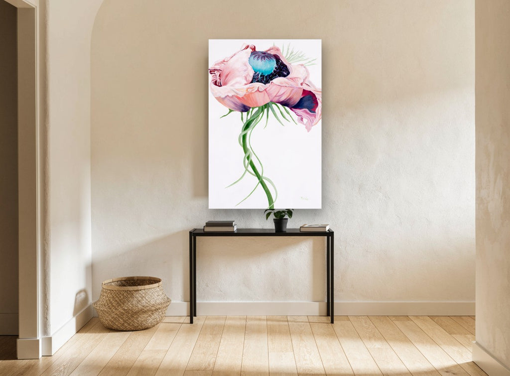 Open Pink Poppy floral canvas print on the wall of a hallway