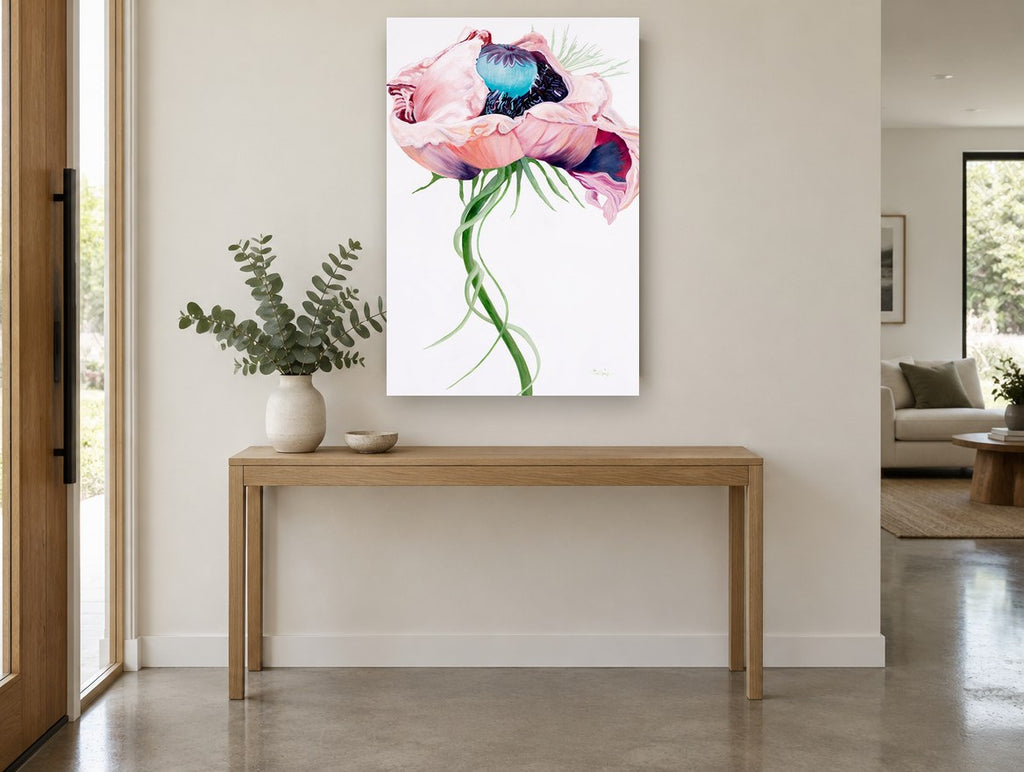 Open Pink Poppy floral canvas print on the wall of a entry hall