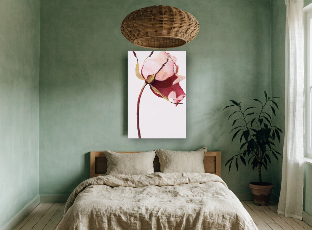 Drooping Pink Rose floral canvas print on the wall of a bedroom