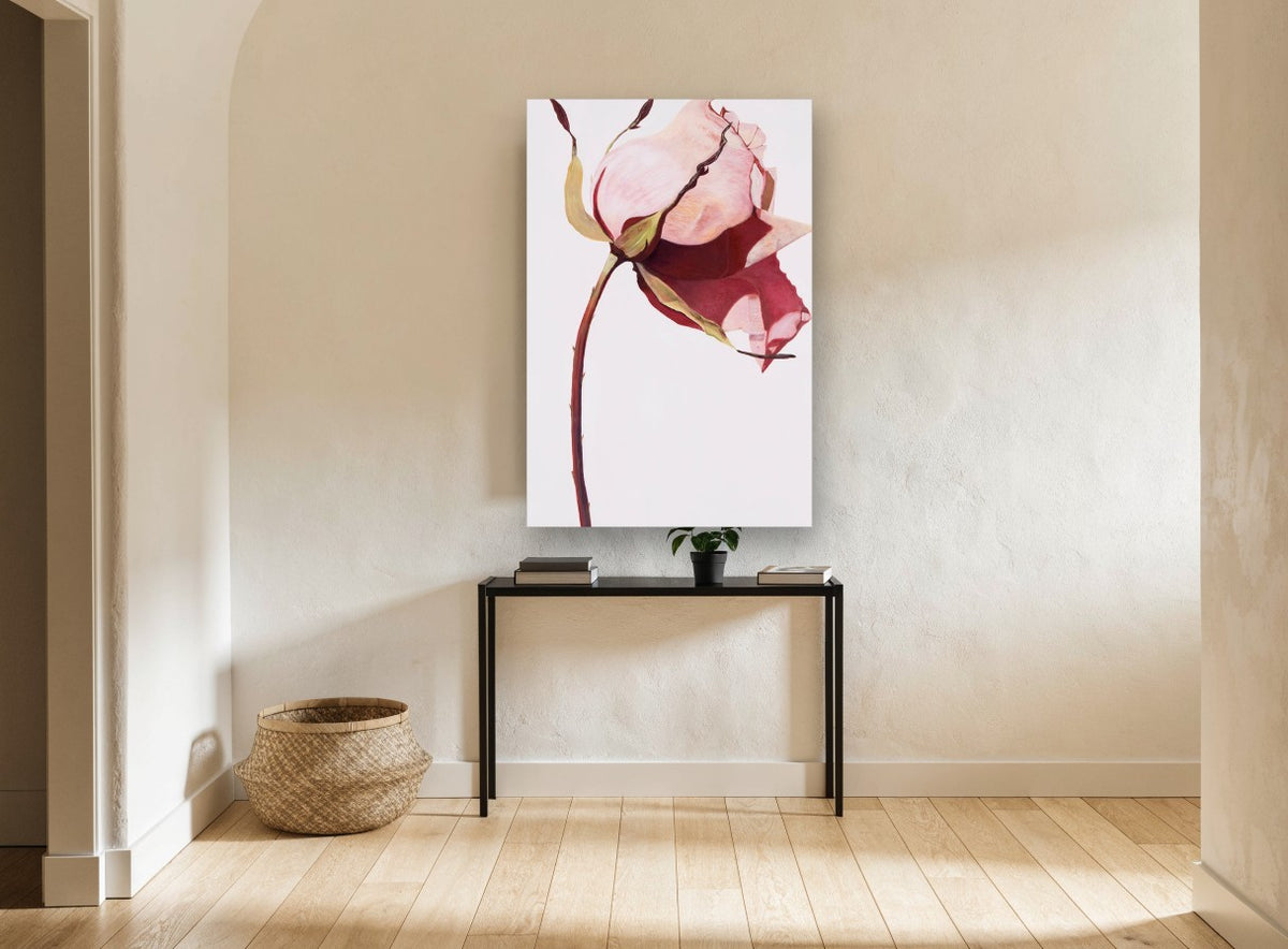 Drooping Pink Rose floral canvas print on the wall of a hallway