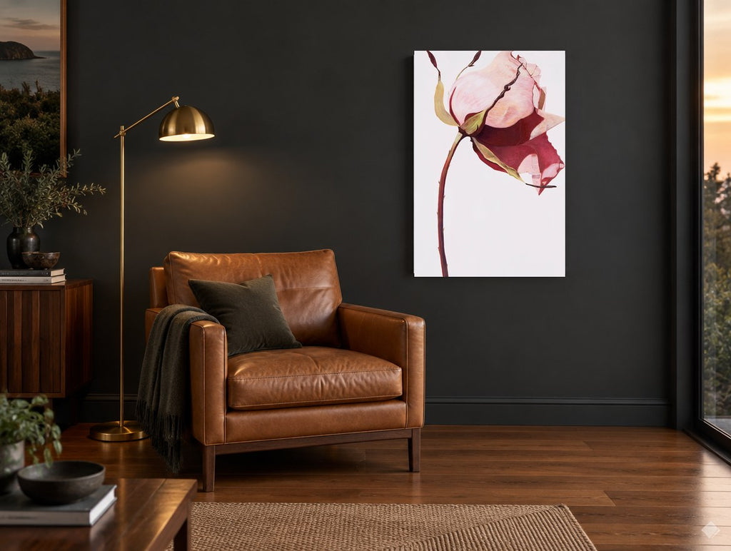 Drooping Pink Rose floral canvas print on the wall of a charcoal living room
