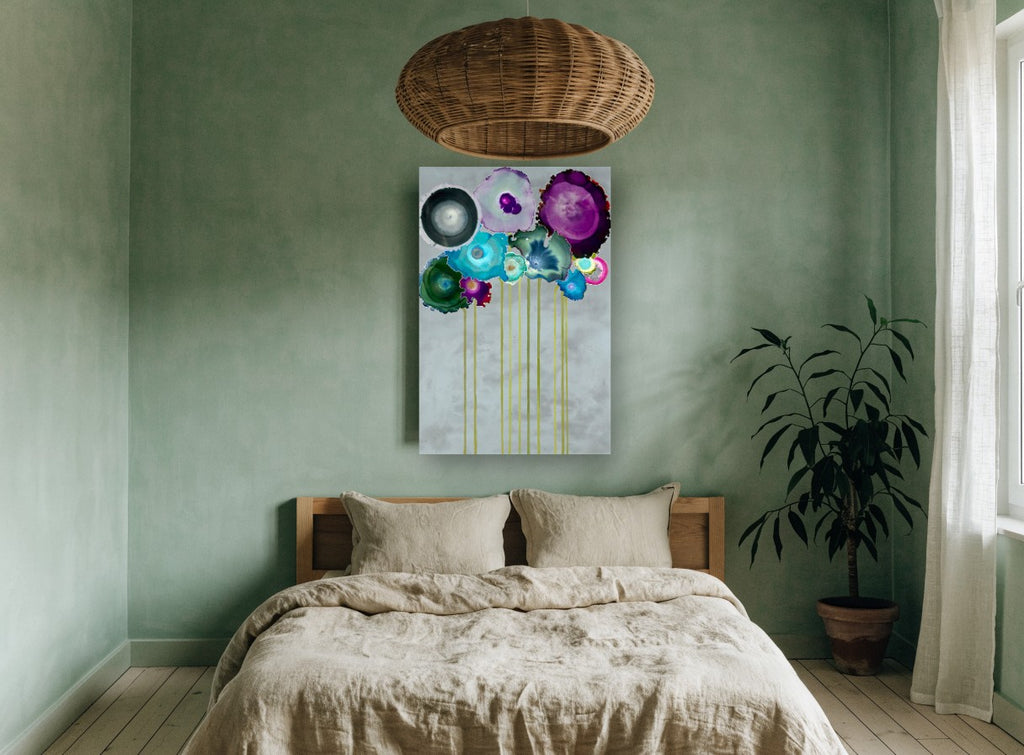 Ink Bloom Bouquet floral canvas print on the wall of a bedroom