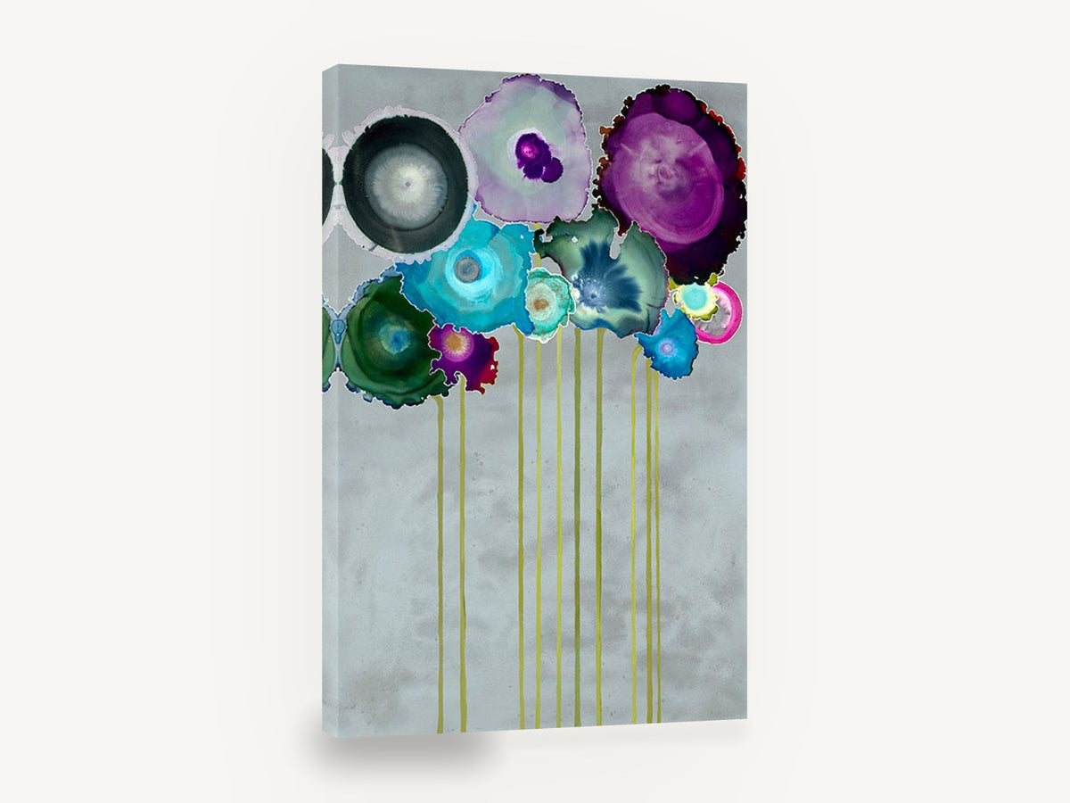 Ink Bloom Bouquet, abstract ink flowers teal purple grey, floral canvas wall art print ready to hang