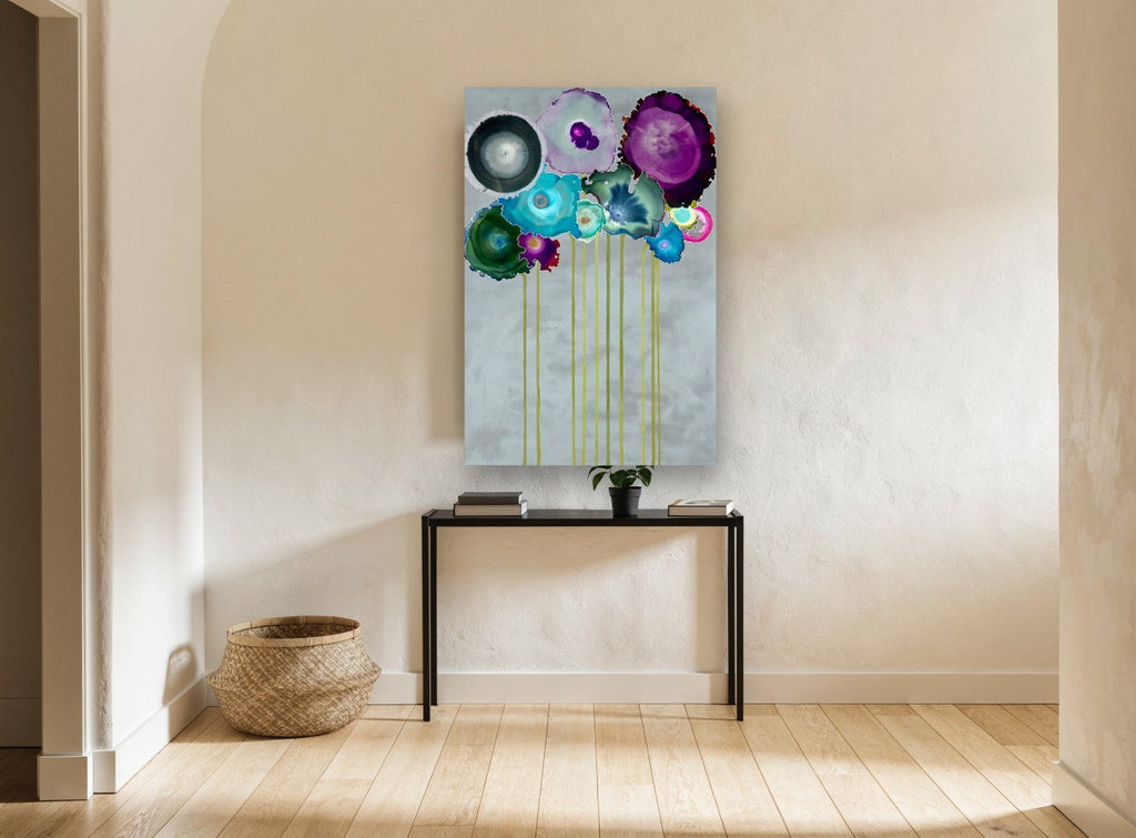 Ink Bloom Bouquet floral canvas print on the wall of a hallway