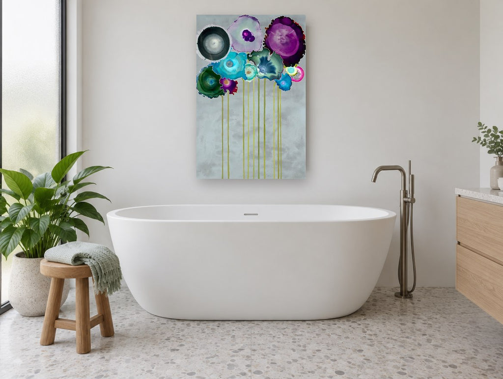 Ink Bloom Bouquet floral canvas print on the wall of a bathroom