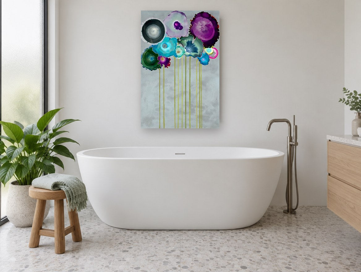 Ink Bloom Bouquet floral canvas print on the wall of a bathroom