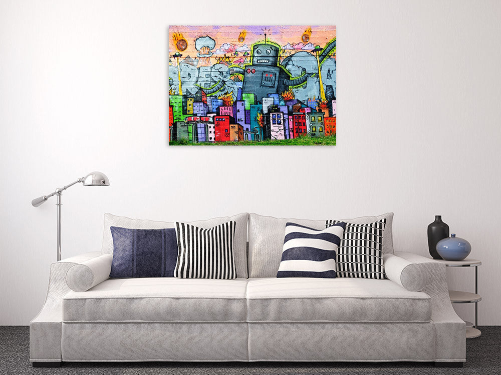 Urban Graffiti Robot Wall Art Print on the wall