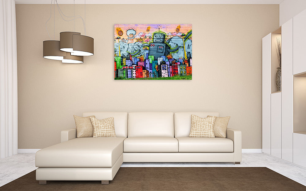 Urban Graffiti Robot Wall Art Print on the wall