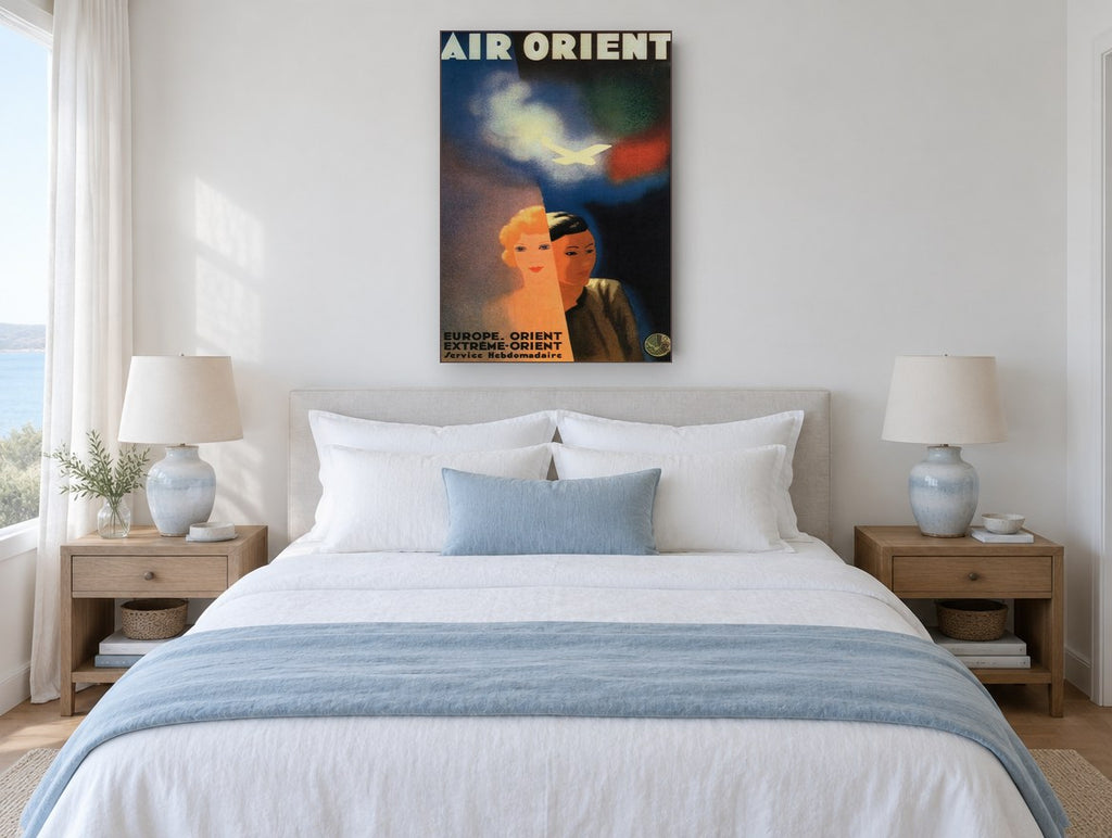 Air Orient Two Faces vintage canvas print on the wall of a coastal bedroom