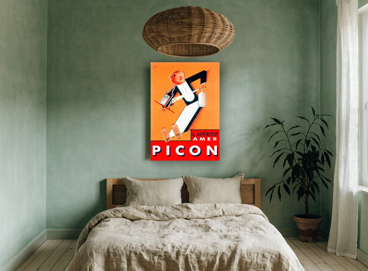 Picon Waiter Aperitif vintage canvas print on the wall of a bedroom