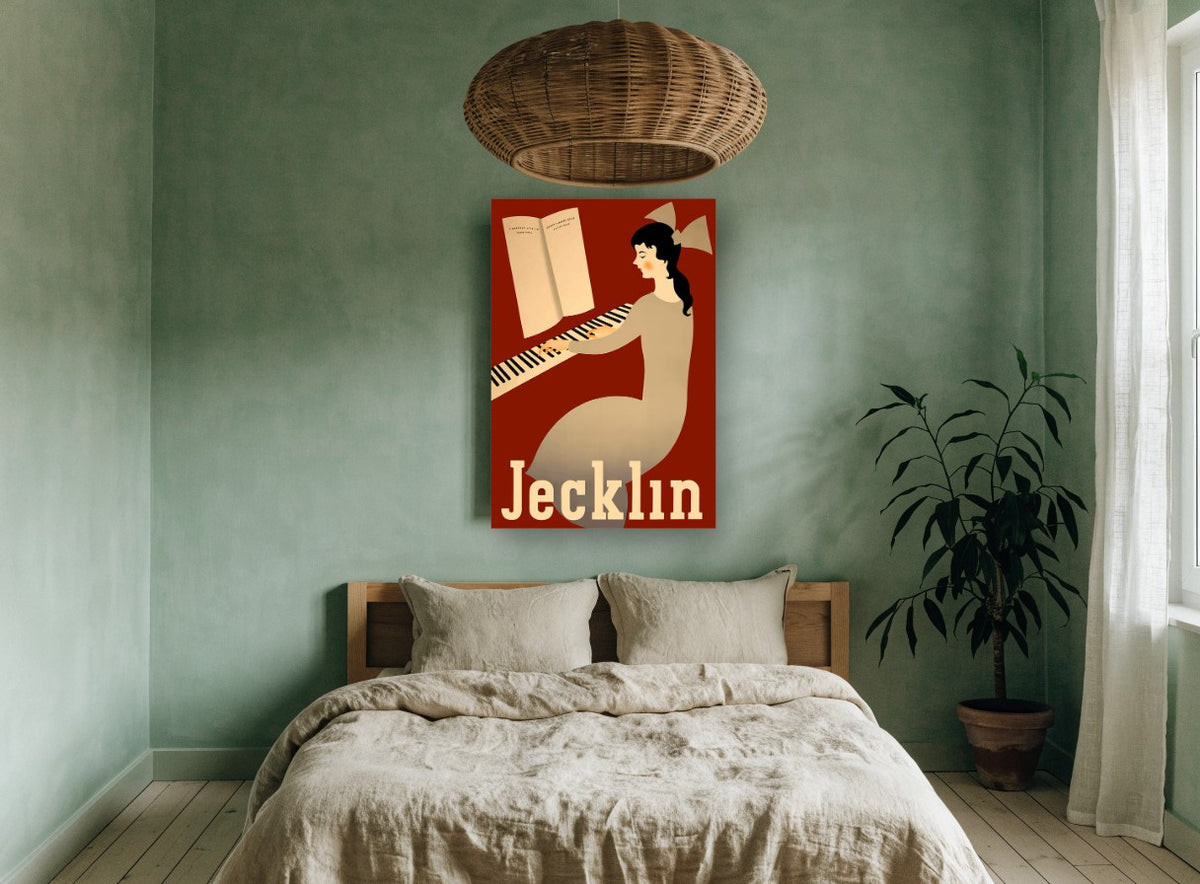 Jecklin Piano Girl vintage canvas print on the wall of a bedroom