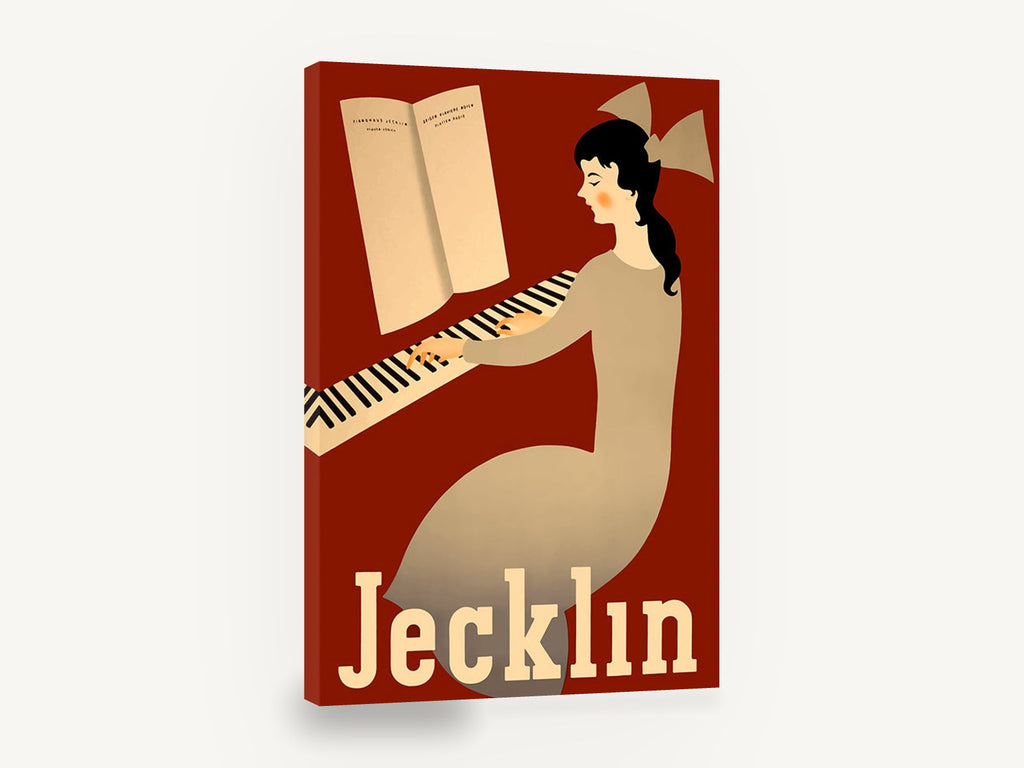 Jecklin Piano Girl, vintage piano shop advertising poster, stretched canvas wall art print ready to hang