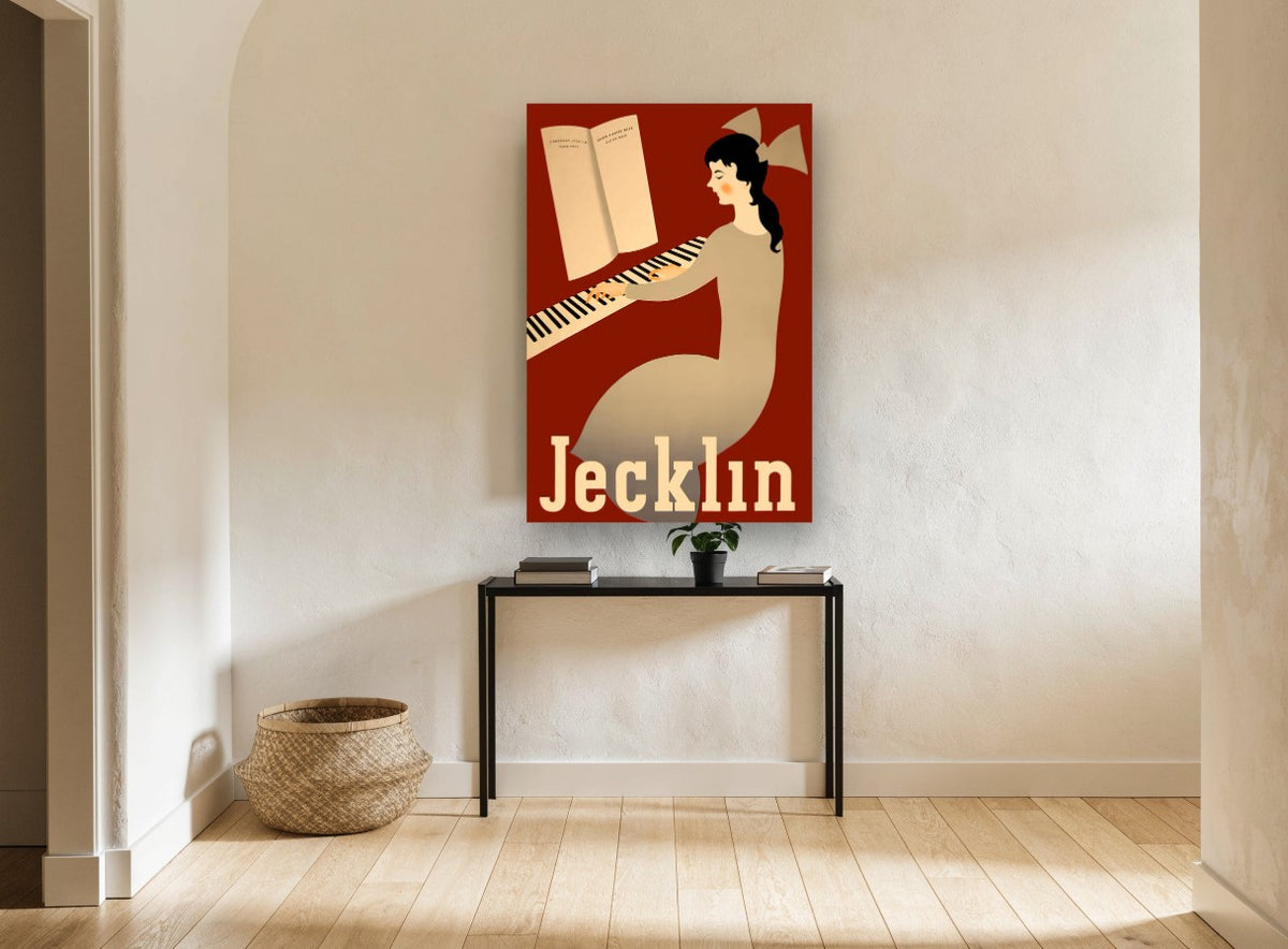 Jecklin Piano Girl vintage canvas print on the wall of a hallway