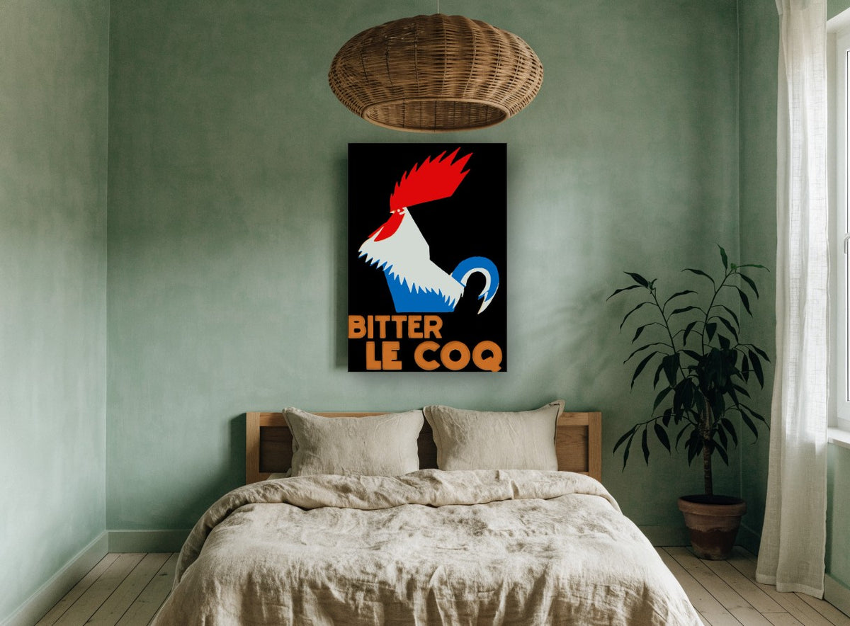 Le Coq Tricolour Rooster vintage canvas print on the wall of a bedroom