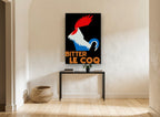 Le Coq Tricolour Rooster vintage canvas print on the wall of a hallway