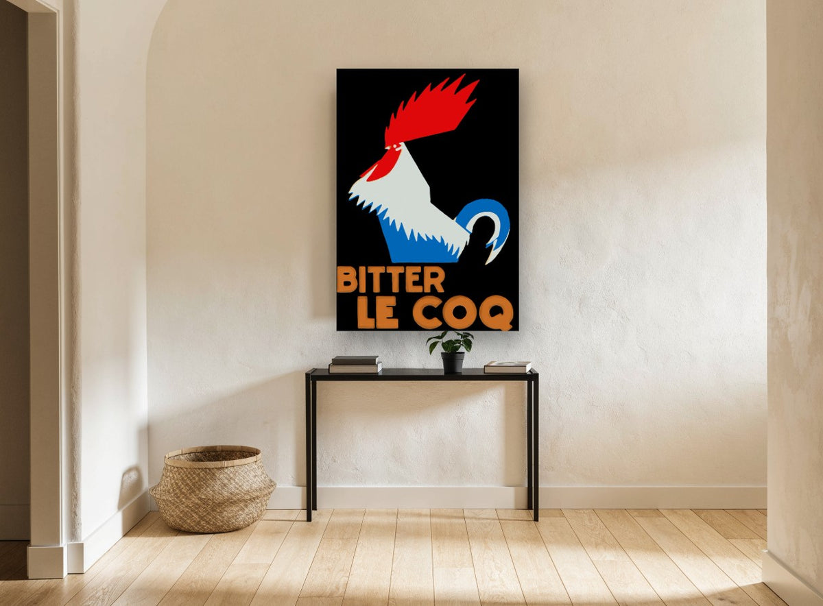 Le Coq Tricolour Rooster vintage canvas print on the wall of a hallway