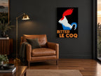 Le Coq Tricolour Rooster vintage canvas print on the wall of a charcoal living room