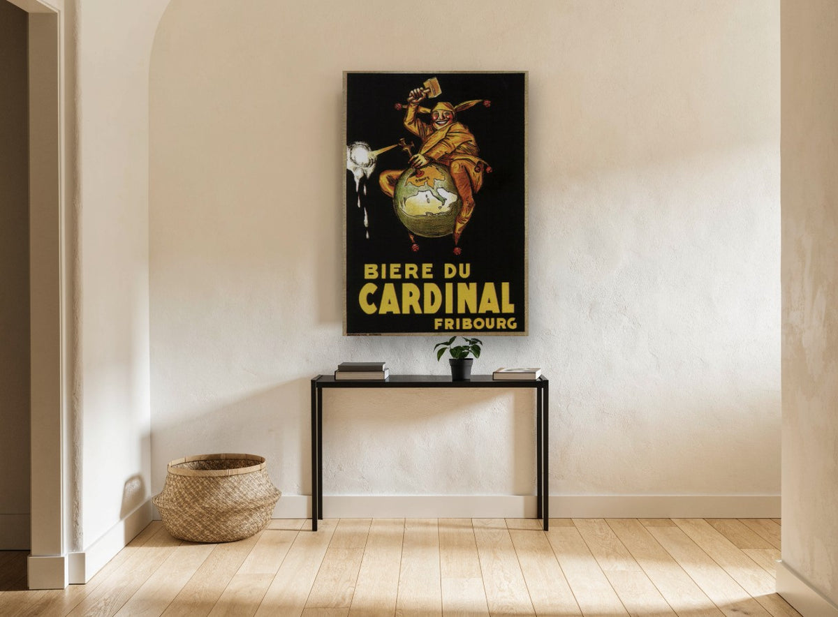 Jester Astride the Globe vintage canvas print on the wall of a hallway