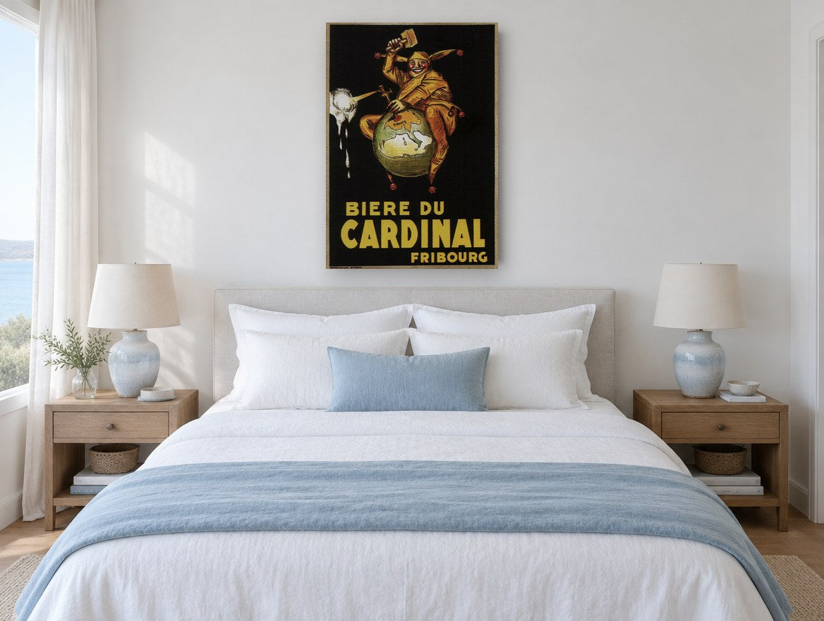 Jester Astride the Globe vintage canvas print on the wall of a coastal bedroom