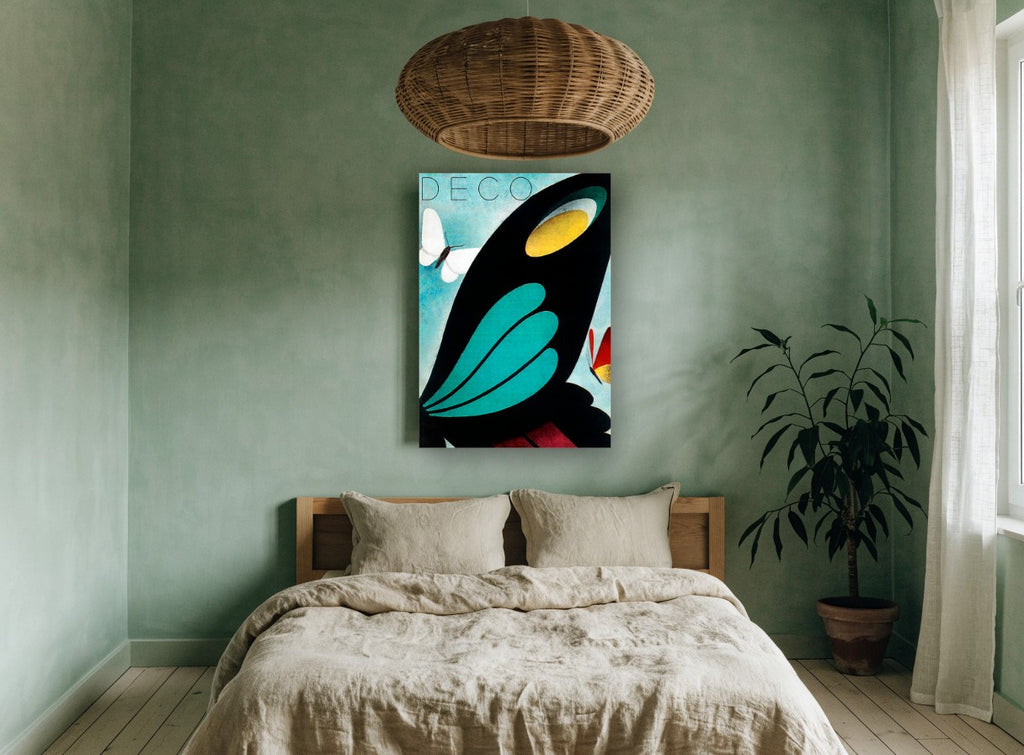 Deco Butterfly Wing vintage canvas print on the wall of a bedroom