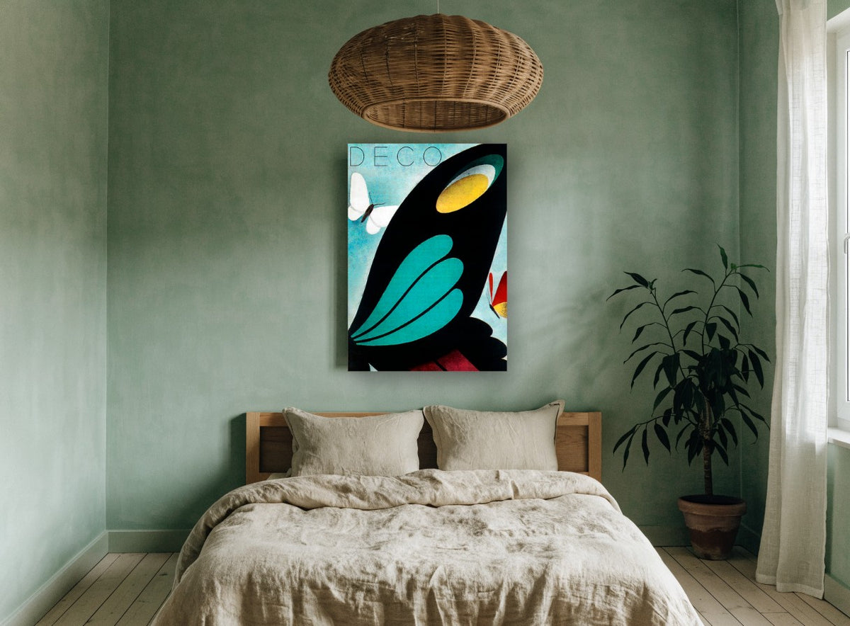 Deco Butterfly Wing vintage canvas print on the wall of a bedroom