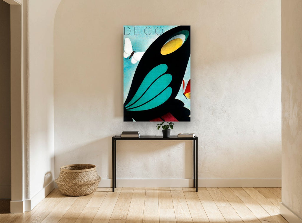 Deco Butterfly Wing vintage canvas print on the wall of a hallway