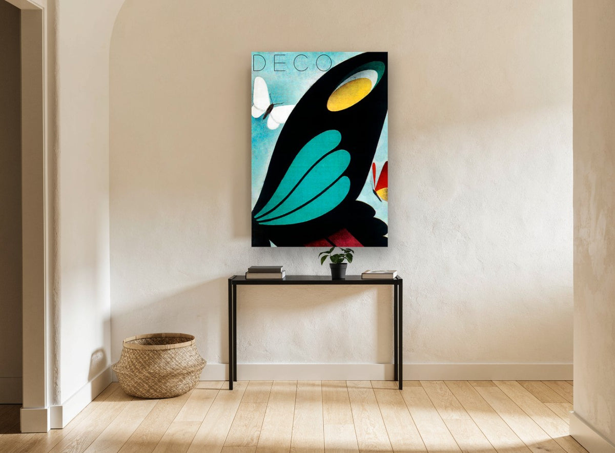 Deco Butterfly Wing vintage canvas print on the wall of a hallway