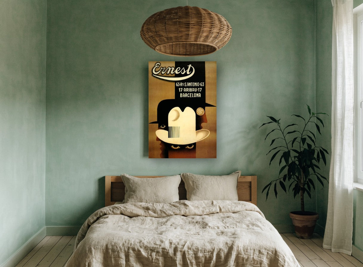 Ernest Hats Barcelona vintage canvas print on the wall of a bedroom