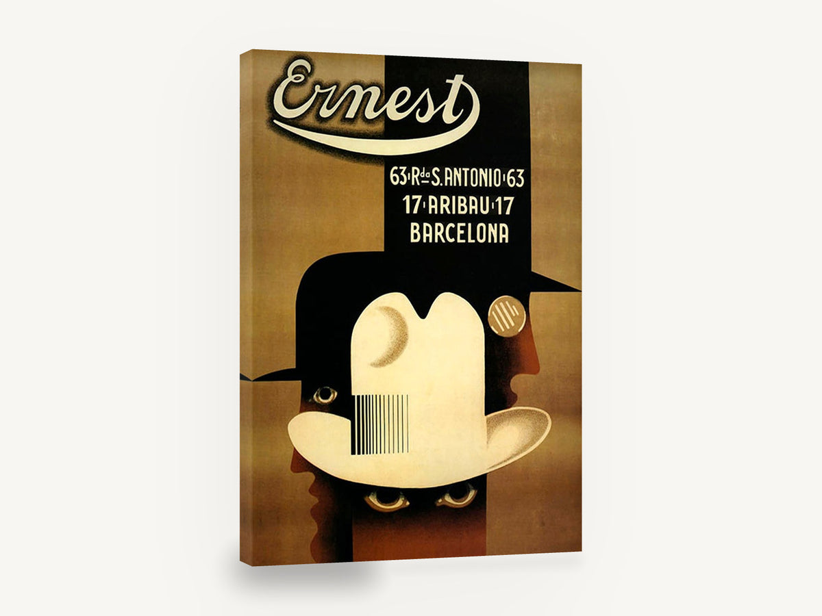 Ernest Hats Barcelona, vintage barcelona hat shop advertising poster, stretched canvas wall art print ready to hang