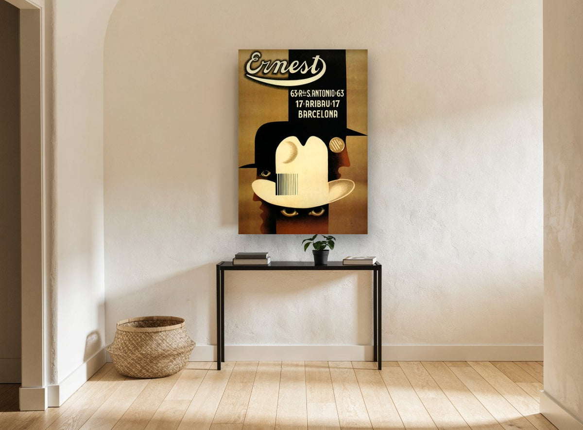 Ernest Hats Barcelona vintage canvas print on the wall of a hallway