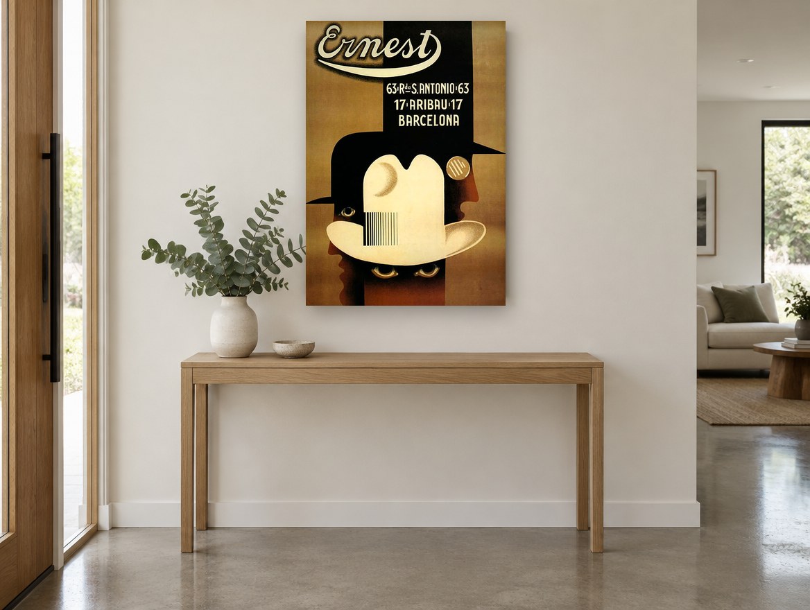 Ernest Hats Barcelona vintage canvas print on the wall of a entry hall