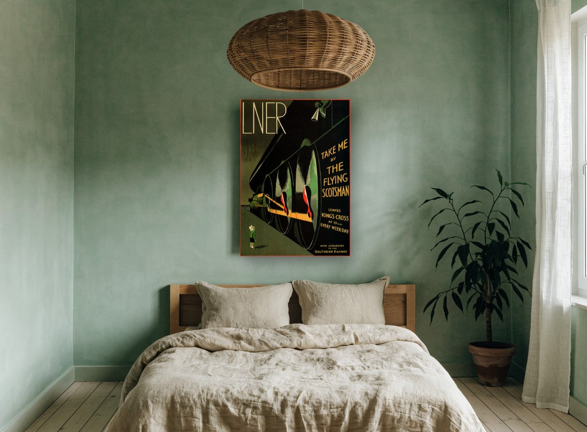Take Me By Flying Scotsman vintage canvas print on the wall of a bedroom
