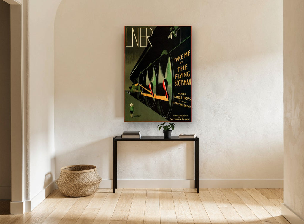 Take Me By Flying Scotsman vintage canvas print on the wall of a hallway