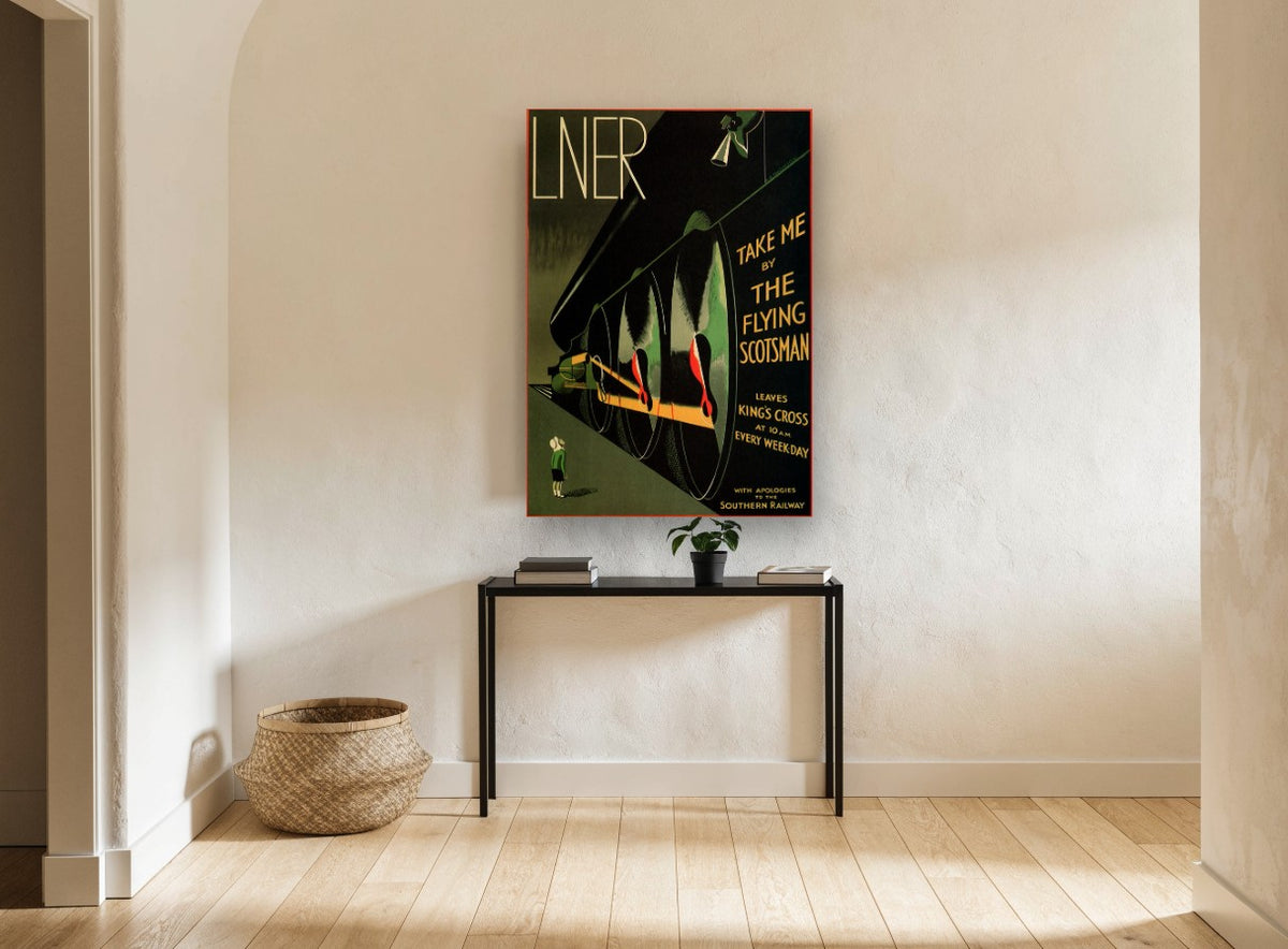 Take Me By Flying Scotsman vintage canvas print on the wall of a hallway