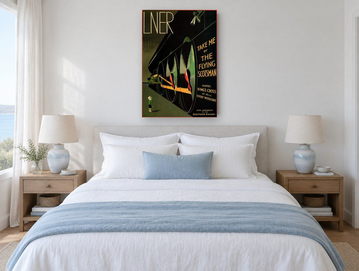 Take Me By Flying Scotsman vintage canvas print on the wall of a coastal bedroom