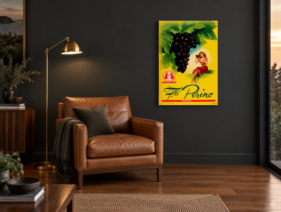 Grapes for the Table vintage canvas print on the wall of a charcoal living room