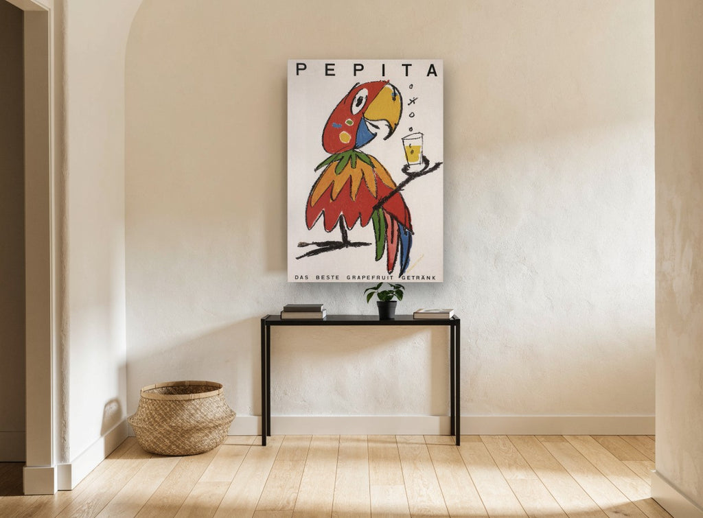 Pepita Parrot Toast vintage canvas print on the wall of a hallway