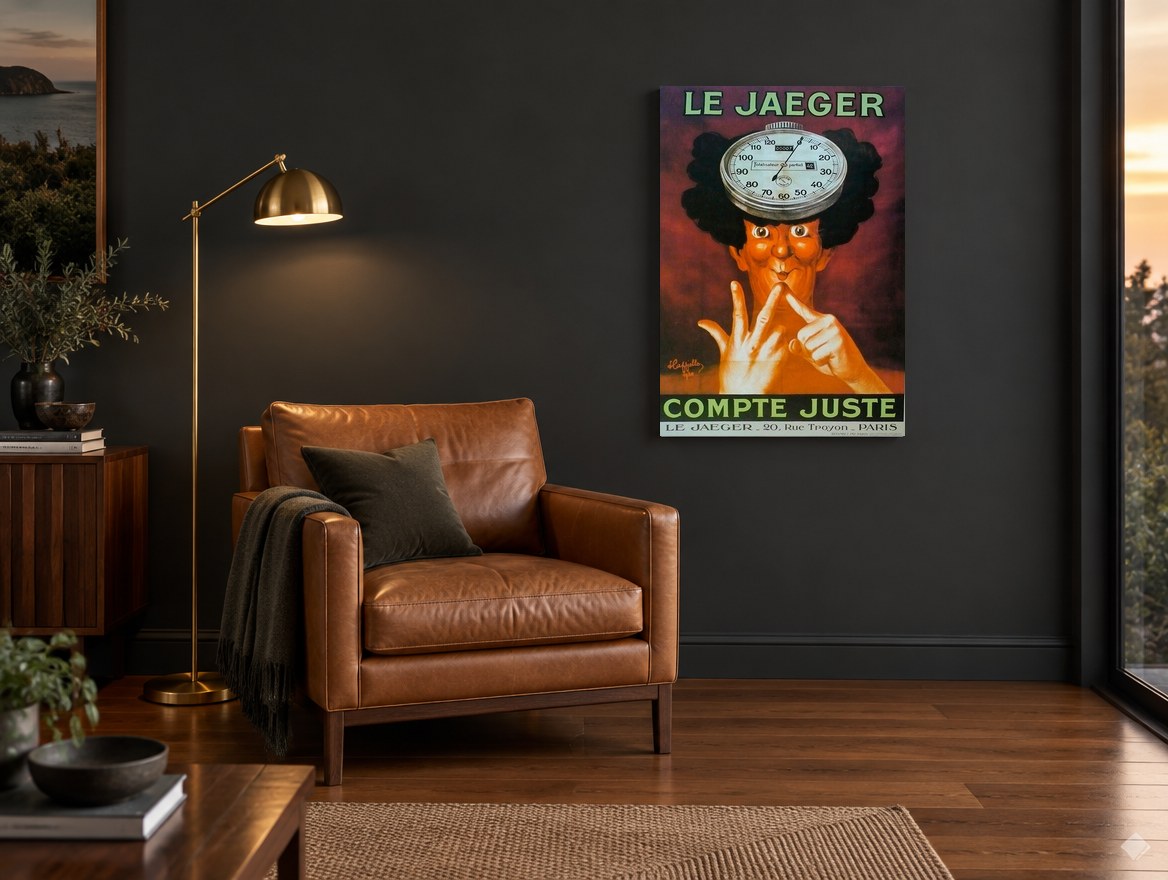 Compte Juste Stopwatch vintage canvas print on the wall of a charcoal living room