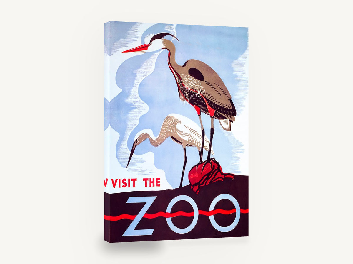 Herons Visit the Zoo, vintage heron zoo advertising poster, stretched canvas wall art print ready to hang