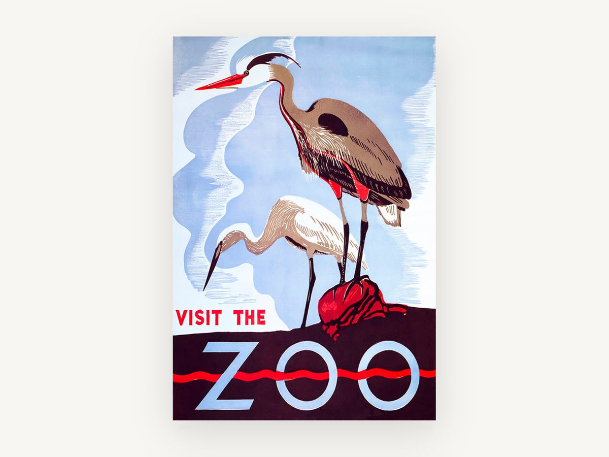 Herons Visit the Zoo, vintage canvas wall art print, front view